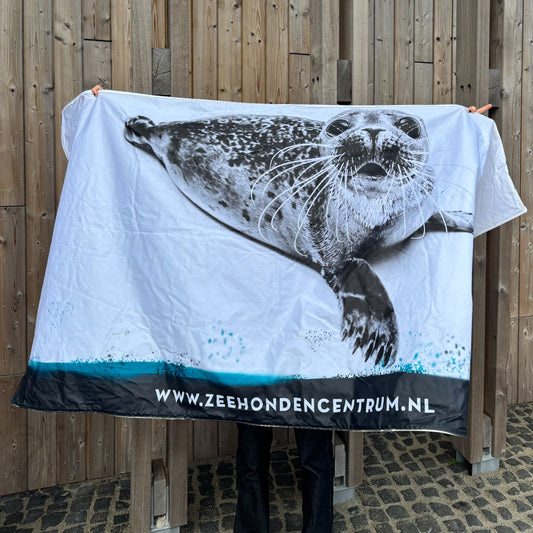 86. Flag with seal on it