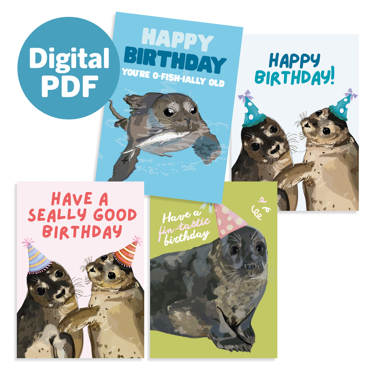 Digitale PDF: Set van 4 Verjaardagskaartjes