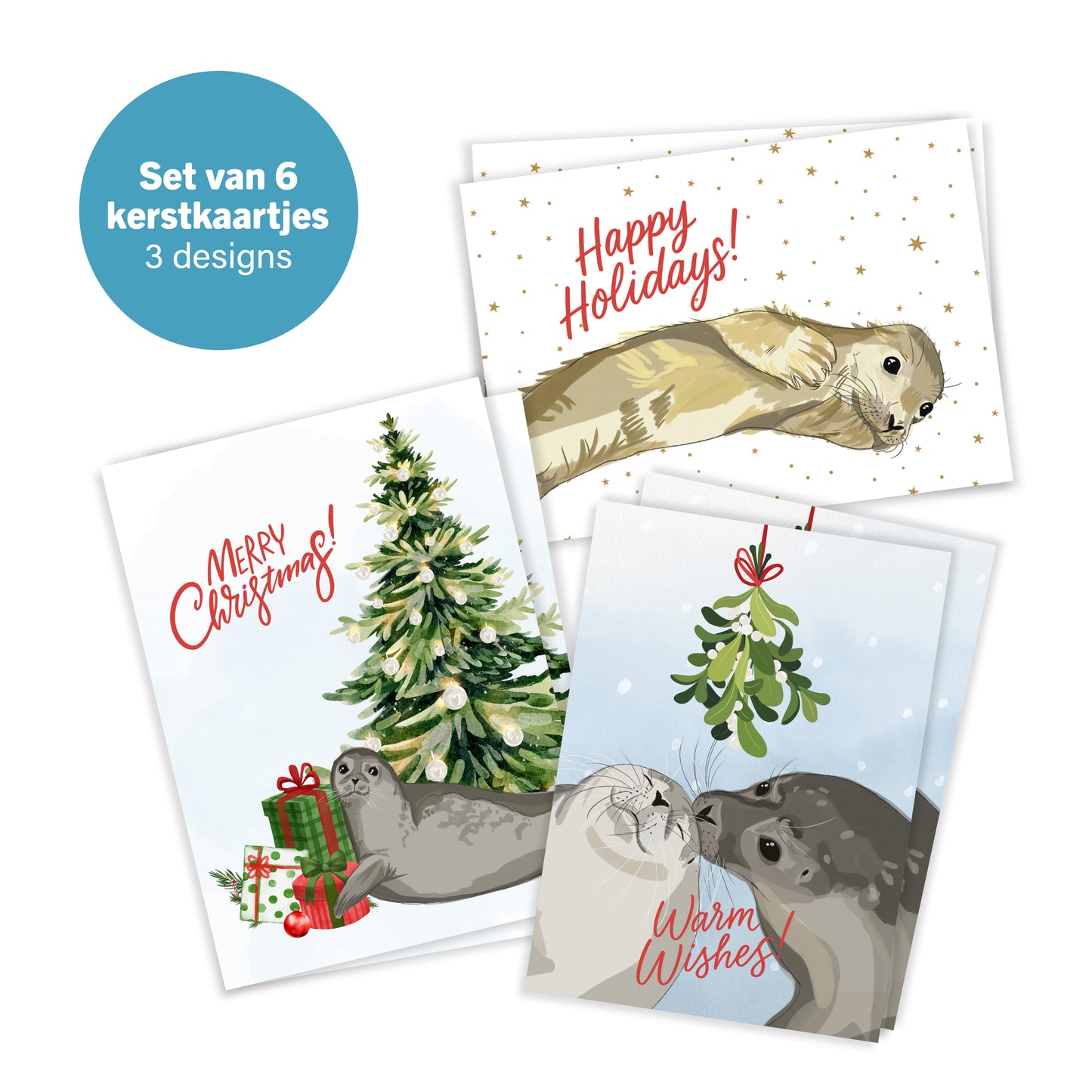 Set van 6 zeehonden kerstkaarten